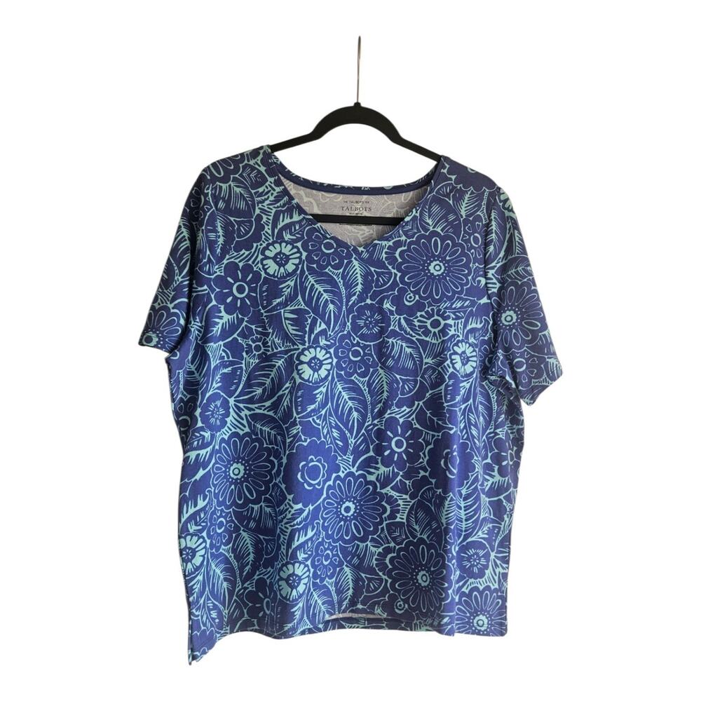 NWT Talbots Tee Womens Top 2X PETITE PLUS Blue Floral S/S V-Neck Stretch